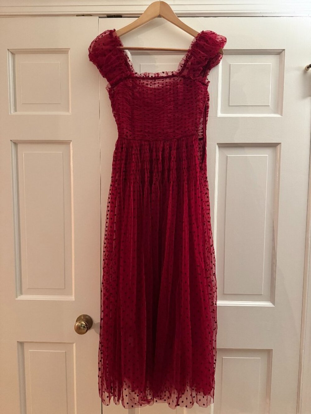 NWT Dôen Pamelina Dress Red Flocked Dot Tulle Square Neck Midi XXS